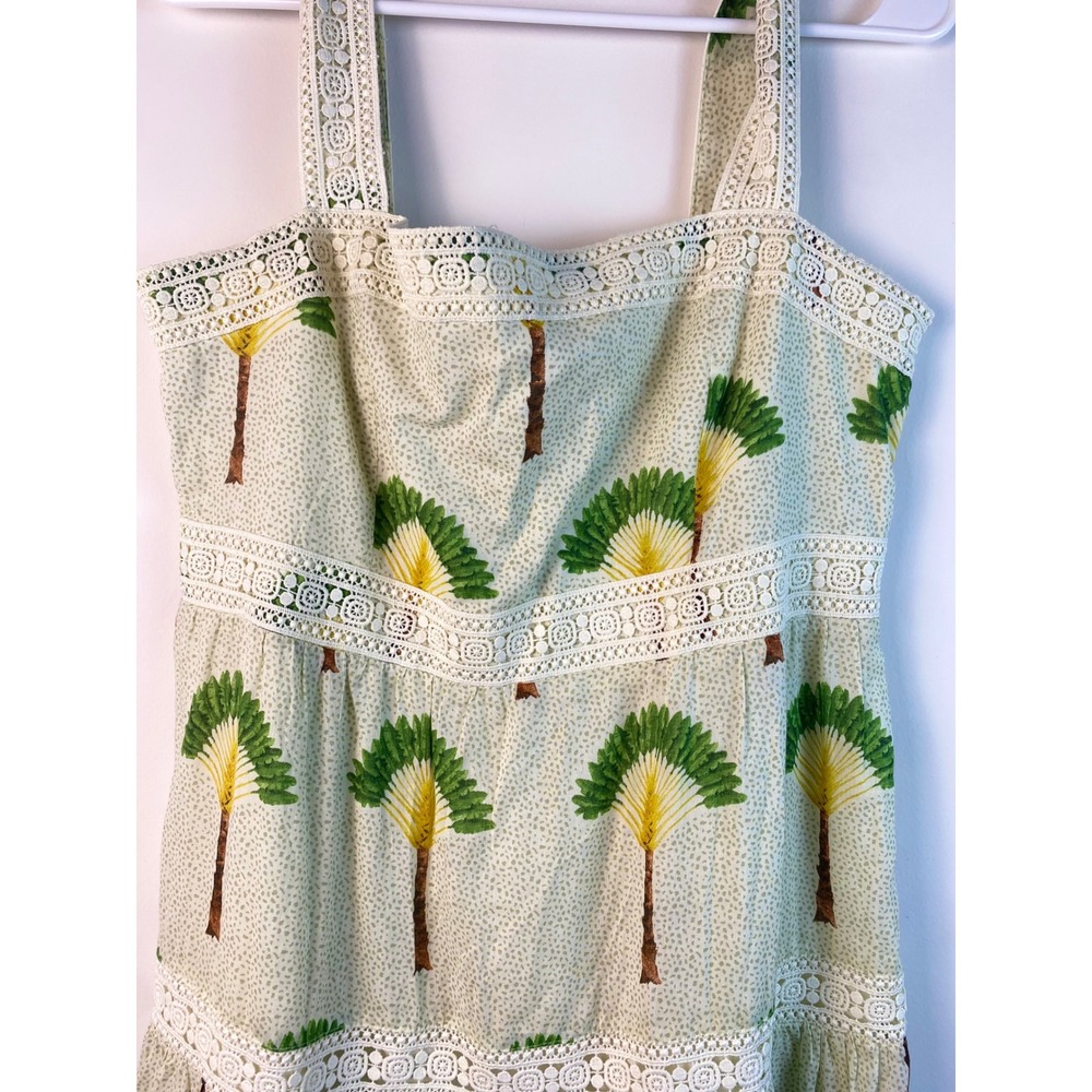 Calypso St Barth Tiered Maxi Dress Size L Palm Tree Print Crochet Trim Cotton - Picture 2 of 11